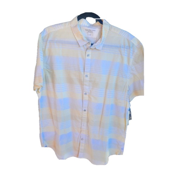 Calvin Klein Jeans Mens XL Short Sleeve Button Up Shirt Striped Yellow - Picture 1 of 5